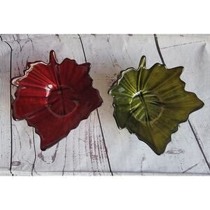 Vintage Large Green Red glass Hand Painted Leaf Bowls / Trinket Dishes